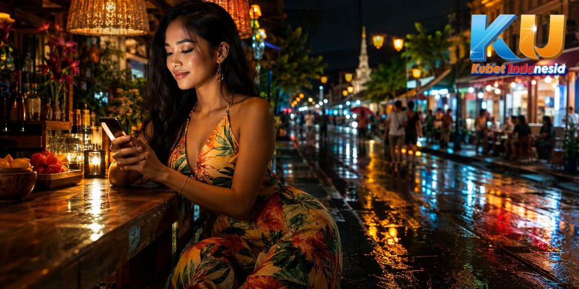 Pengguna mengakses platform casino dari smartphone di tengah festival malam yang meriah