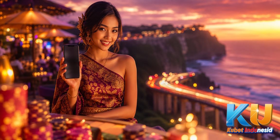 Layar ponsel menampilkan antarmuka platform hiburan digital dengan cahaya malam yang menawan